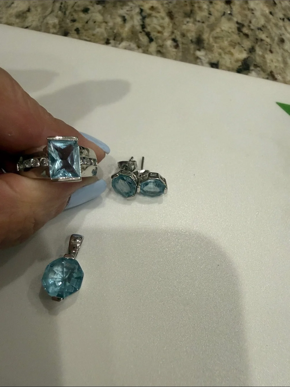 925 Sterling Silver Blue Topaz Pendant, Ring with Rhinestones, Stud Earrings Set